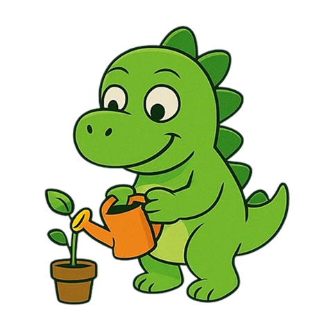 Dinosaurus Dino kastelee kukkia